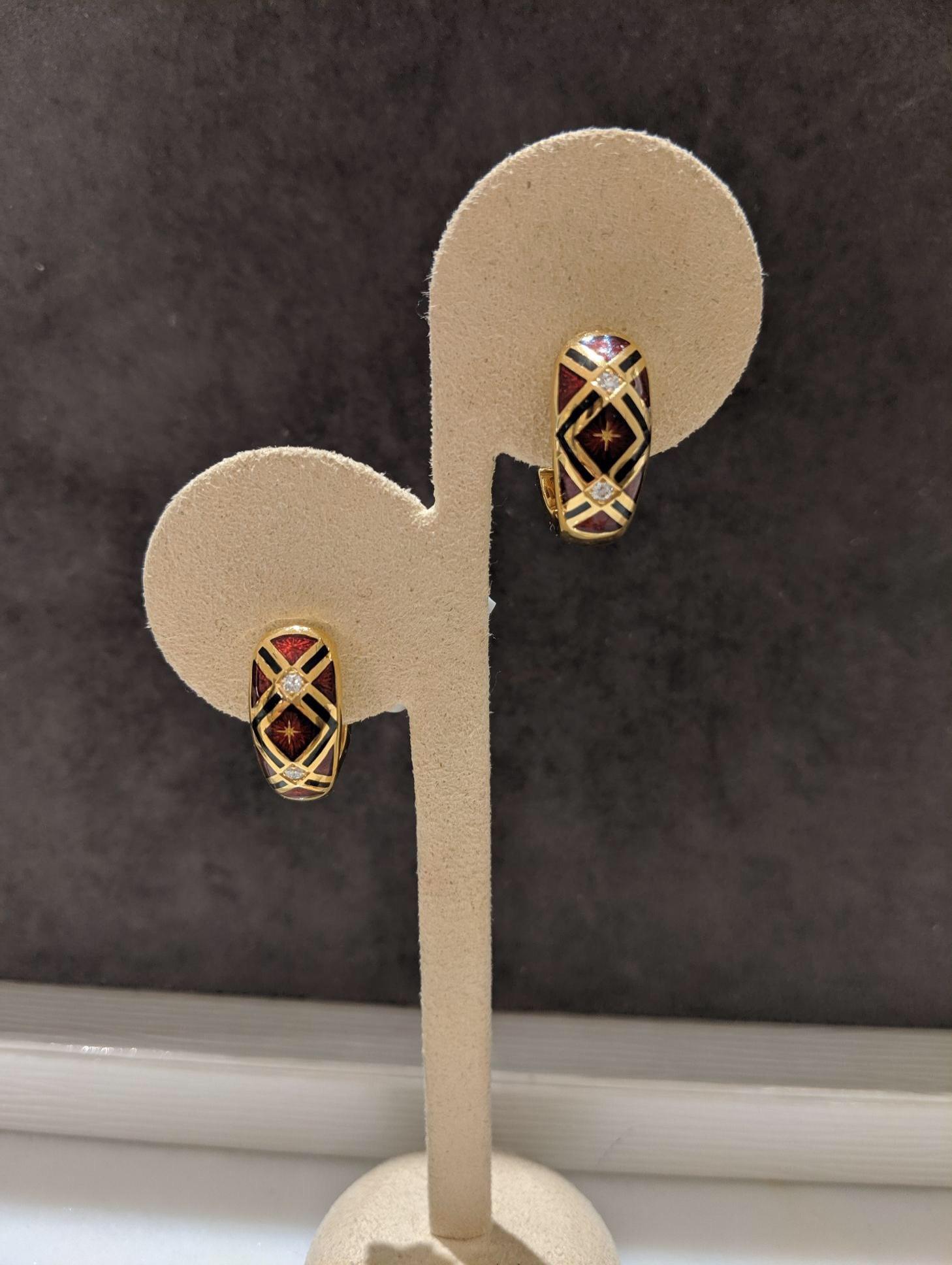 Modern Faberge 18 Karat Gold, Red Enamel and Diamond Earrings with Certificate