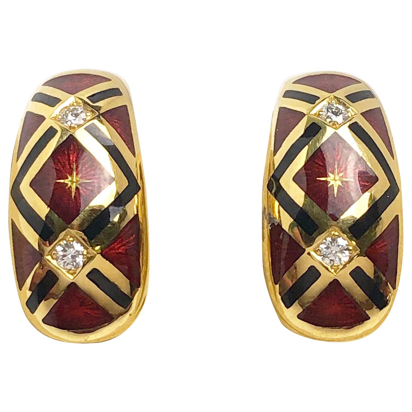 Faberge 18 Karat Gold, Red Enamel and Diamond Earrings with Certificate
