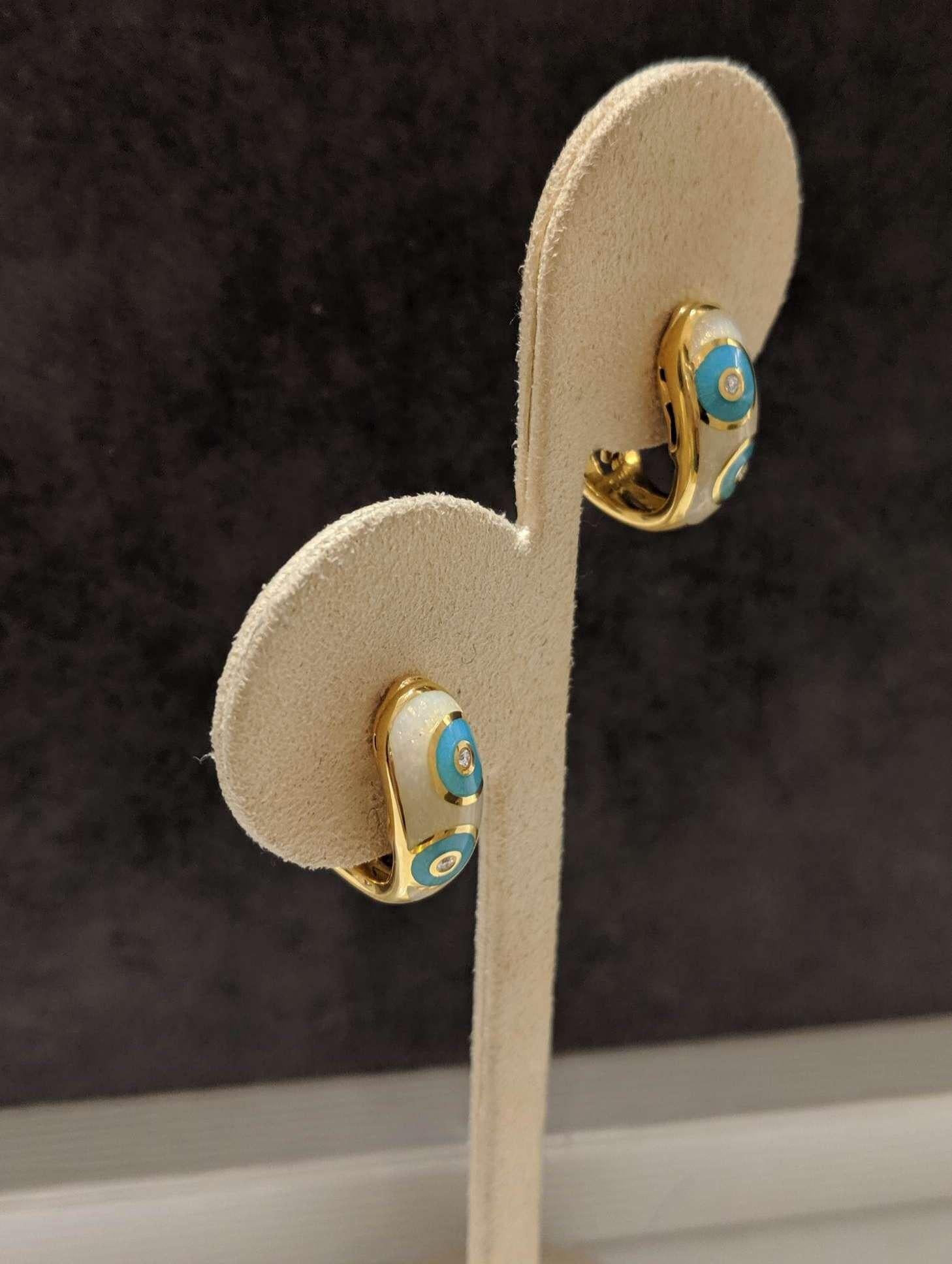 Round Cut Faberge 18 Karat Gold, White and Turquoise Enamel Earrings with Certificate For Sale