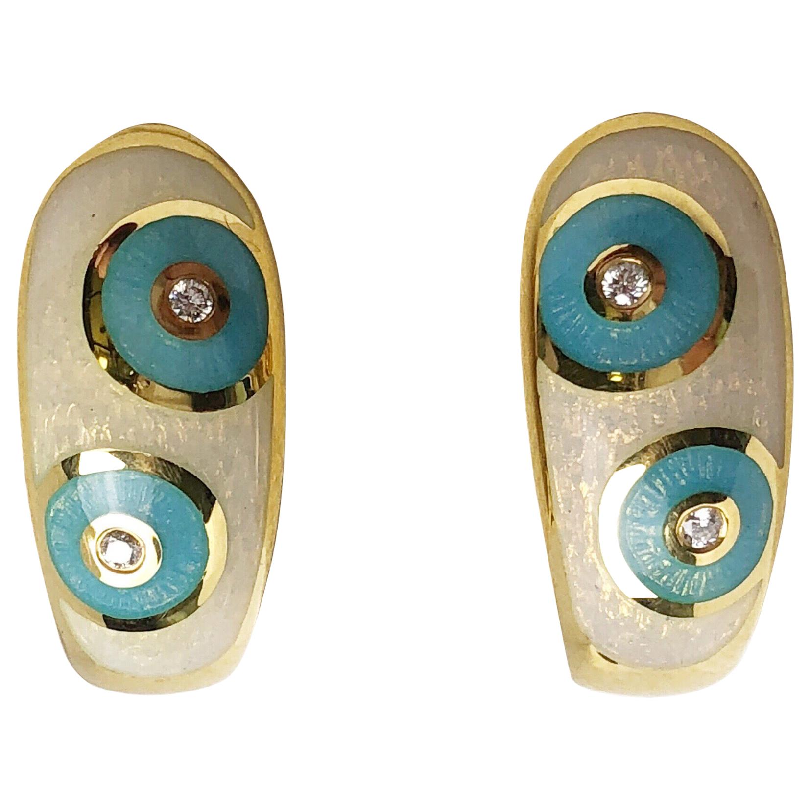 Faberge 18 Karat Gold, White and Turquoise Enamel Earrings with Certificate