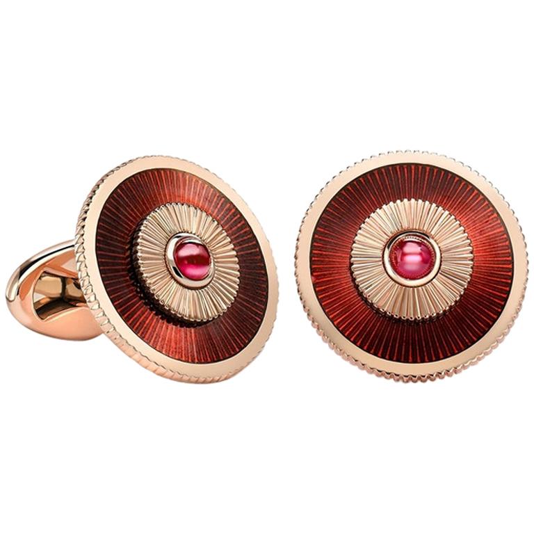 Fabergé 18 Karat Rose Gold Ruby Cufflinks with Red Guilloché Enamel, US Clients For Sale