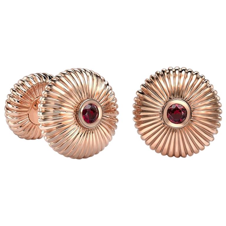 Fabergé 18 Karat Rose Gold Ruby Round Fluted Cufflinks, US Clients For Sale