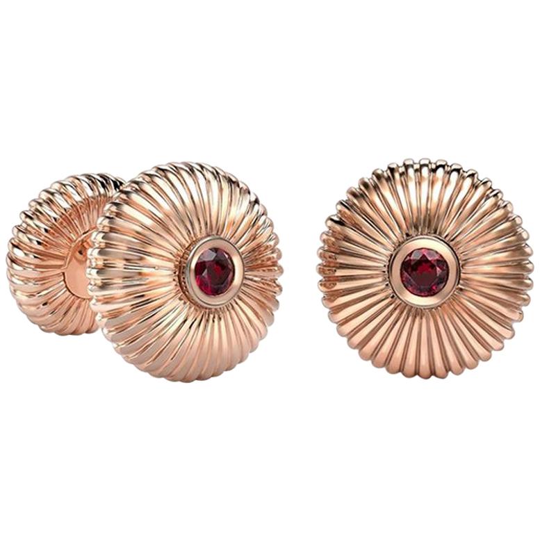 Fabergé 18K Rose Gold Ruby Round Fluted Cufflinks For Sale