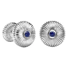 Fabergé 18 Karat White Gold Blue Sapphire Round Fluted Cufflinks, US Clients