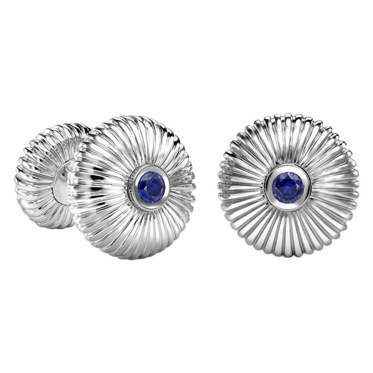 Fabergé 18K White Gold Blue Sapphire Round Fluted Cufflinks For Sale