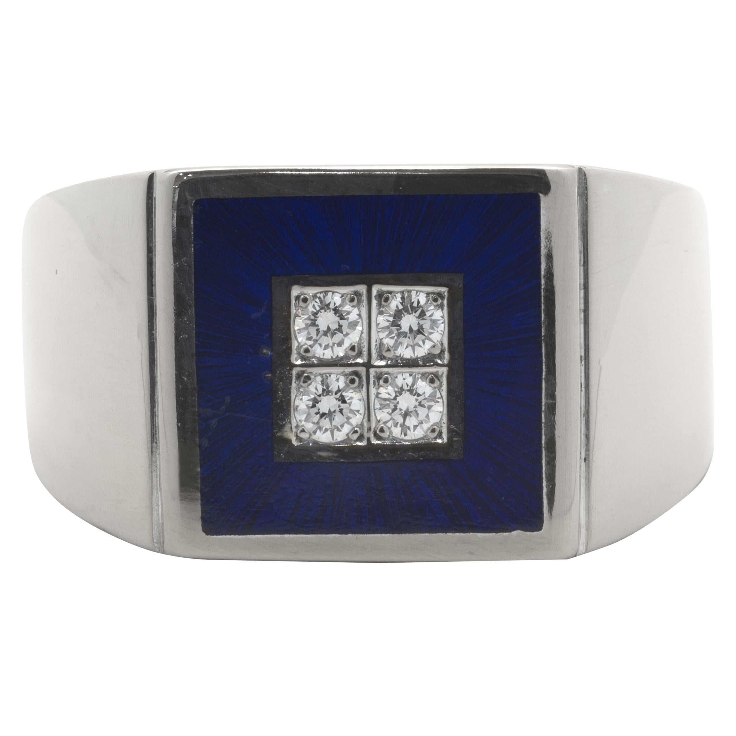 Anillo Faberge de oro blanco de 18 quilates con diamantes y esmalte azul