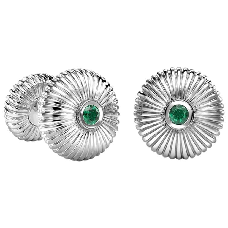 Fabergé 18 Karat White Gold Emerald Round Fluted Cufflinks, US Clients For Sale