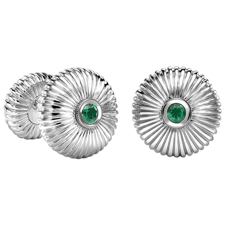 Fabergé 18K White Gold Emerald Round Fluted Cufflinks For Sale