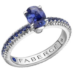 Fabergé 18K White Gold Oval Blue Sapphire Ring w/ Blue Sapphire Set, US Clients