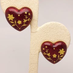 Boucles d'oreilles Fabergé en or jaune 18 carats et émail rouge en forme de cœur avec certificat