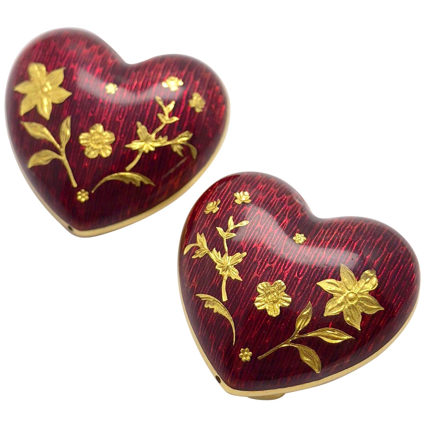 Boucles d'oreilles Fabergé en or jaune 18 carats et émail rouge en forme de cœur avec certificat