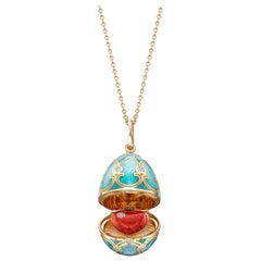 Fabergé 18 Karat Yellow Gold and Turquoise Guilloché Enamel Heart Egg Pendant