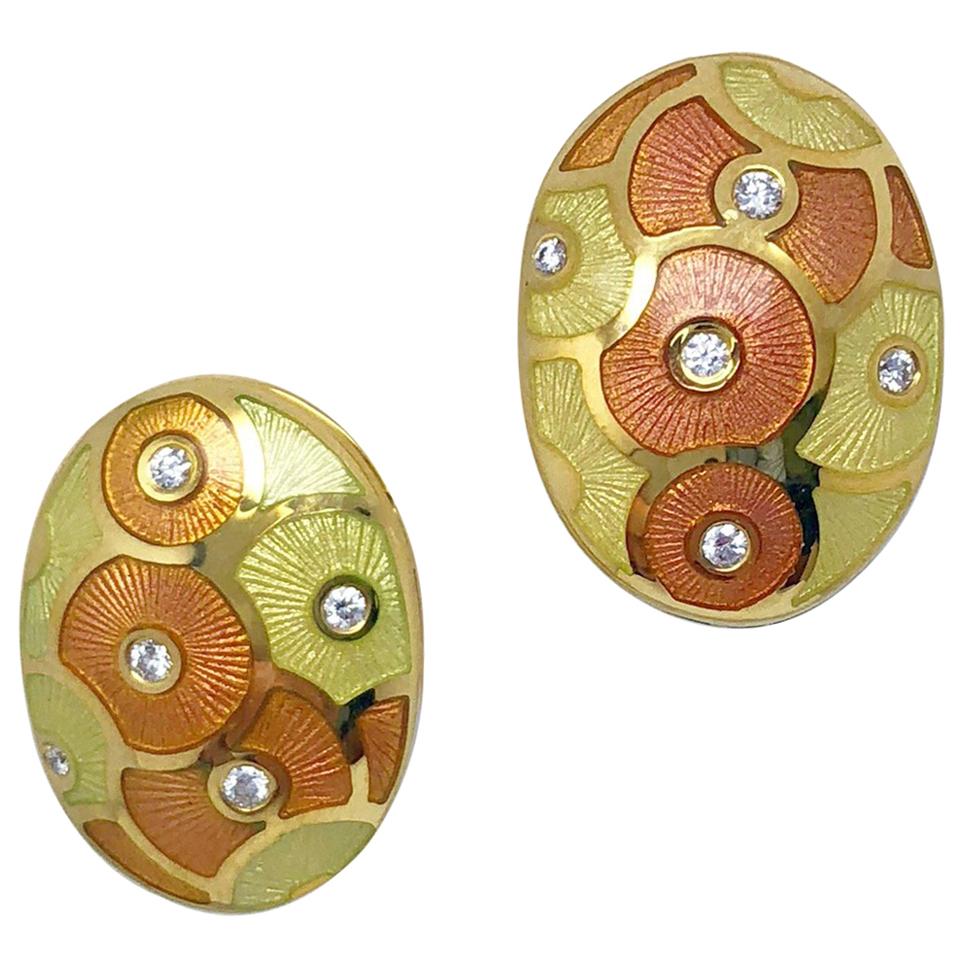 Faberge 18 Karat Yellow Gold, Diamond and Enamel Oval Earrings with Certificate