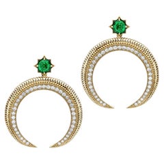 Fabergé 18K Yellow Gold Emerald and Diamond Hilal Crescent Earrings, US Clients