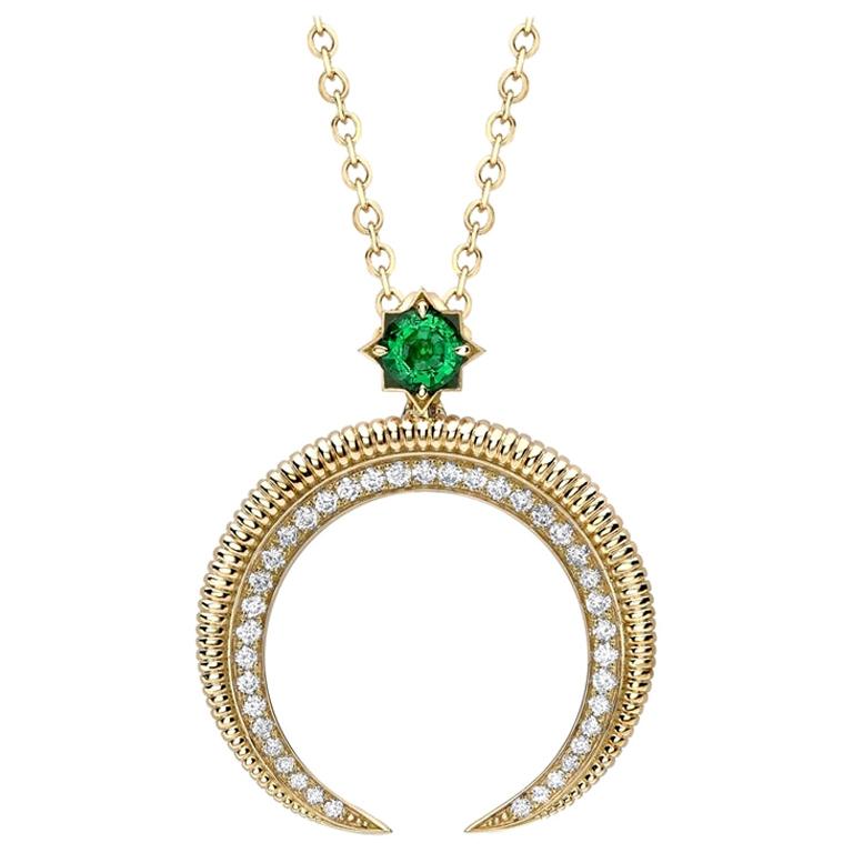 Fabergé 18K Yellow Gold Emerald and Diamond Hilal Crescent Pendant, US Clients For Sale