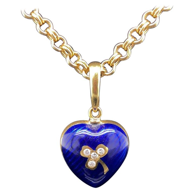  Fabergé 18 Karat Yellow Gold Enamel Diamond Heart Pendant and Chain