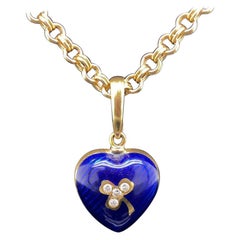  Fabergé 18 Karat Yellow Gold Enamel Diamond Heart Pendant and Chain