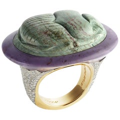 Fabergé 18K Yellow Gold Green Jasper Scarab Beetle Ring w/ Diamonds, US Clients