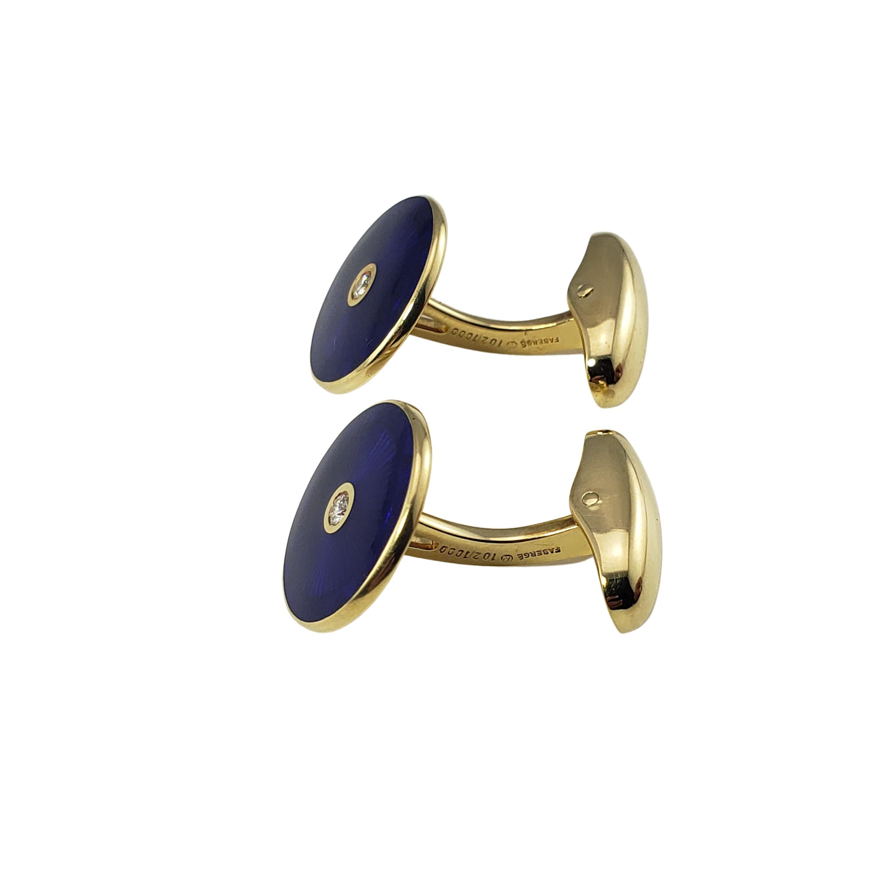 Faberge 18 Karat Yellow Gold Guilloche Enamel and Diamond Cufflinks-

This elegant limited edition pair of cufflinks are each crafted with guilloche enamel and one round brilliant cut diamond set in classic 18K yellow gold.  

Approximate total