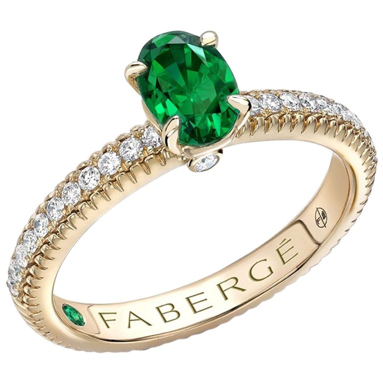 Fabergé 18K Yellow Gold Oval Emerald Ring with Diamond Set Shoulders, US Clients For Sale