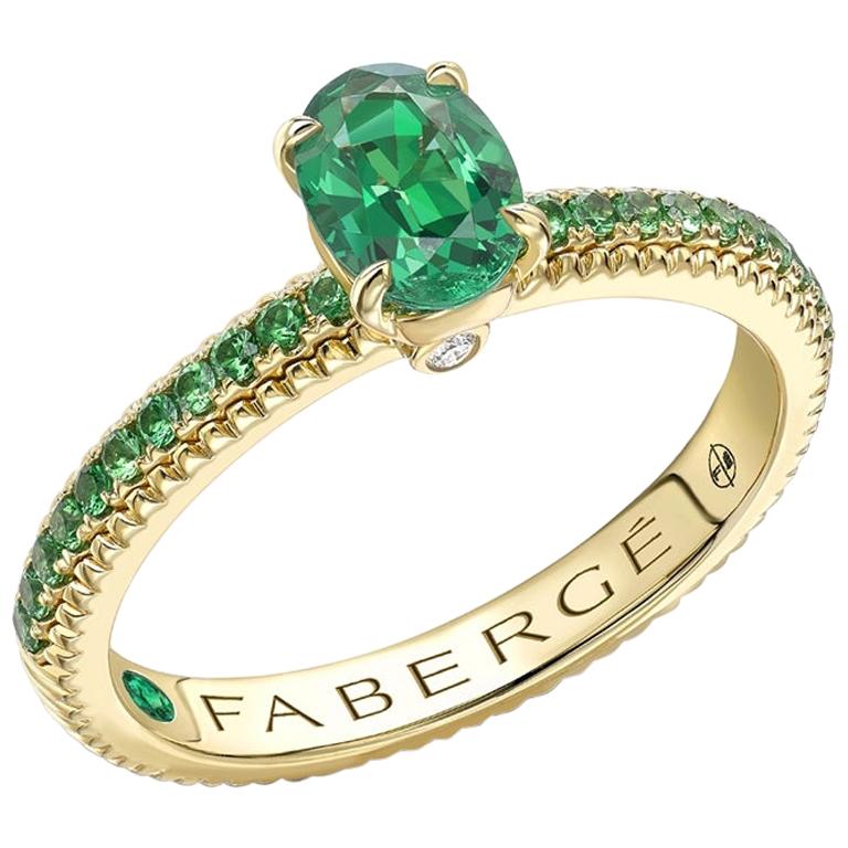 Fabergé 18K Yellow Gold Oval Emerald Ring w/ Tsavorite Set Shoulder, US Clients For Sale