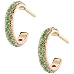 Fabergé 18K Yellow Gold Tsavorite Fluted Hoop Earrings with Ruby, US Clients