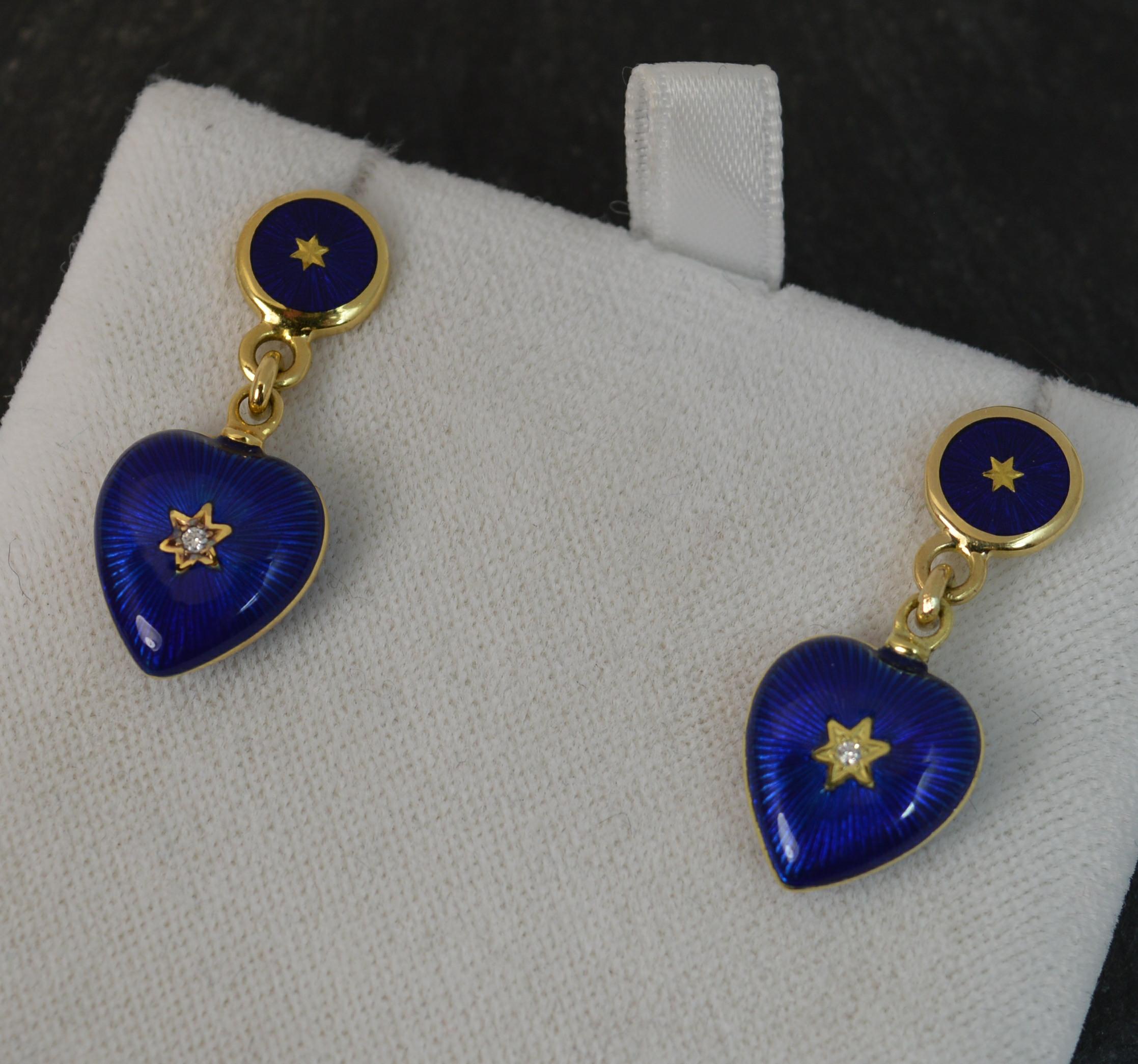 Modern Faberge 18 Carat Gold Blue Enamel and Diamond Heart Dangle Earrings  4