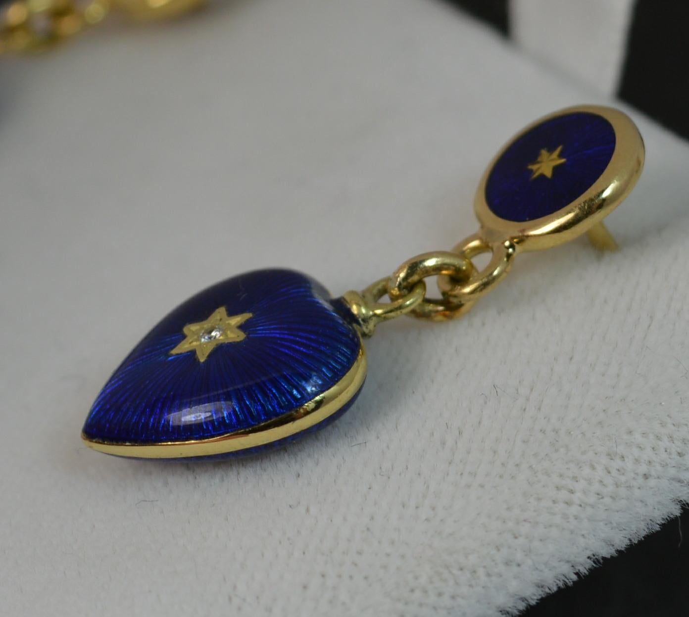 Modern Faberge 18 Carat Gold Blue Enamel and Diamond Heart Dangle Earrings  5