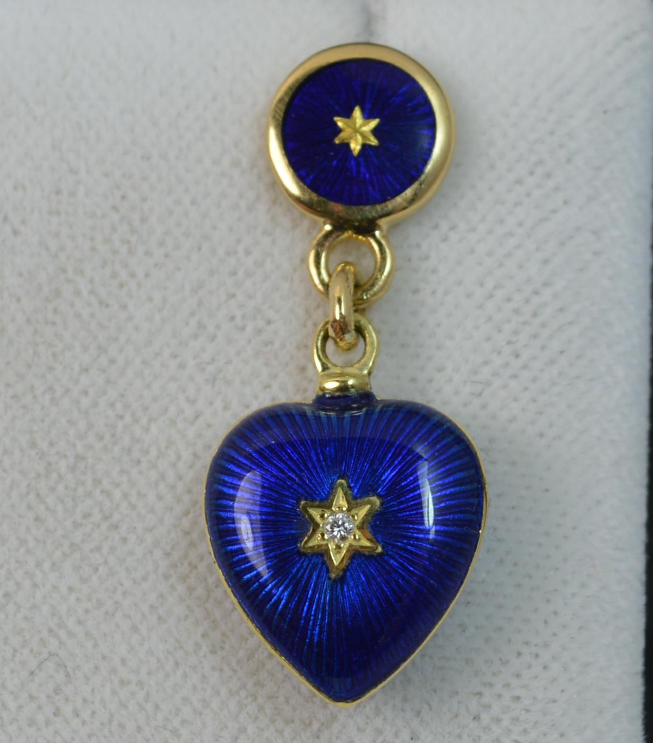 Modern Faberge 18 Carat Gold Blue Enamel and Diamond Heart Dangle Earrings  6