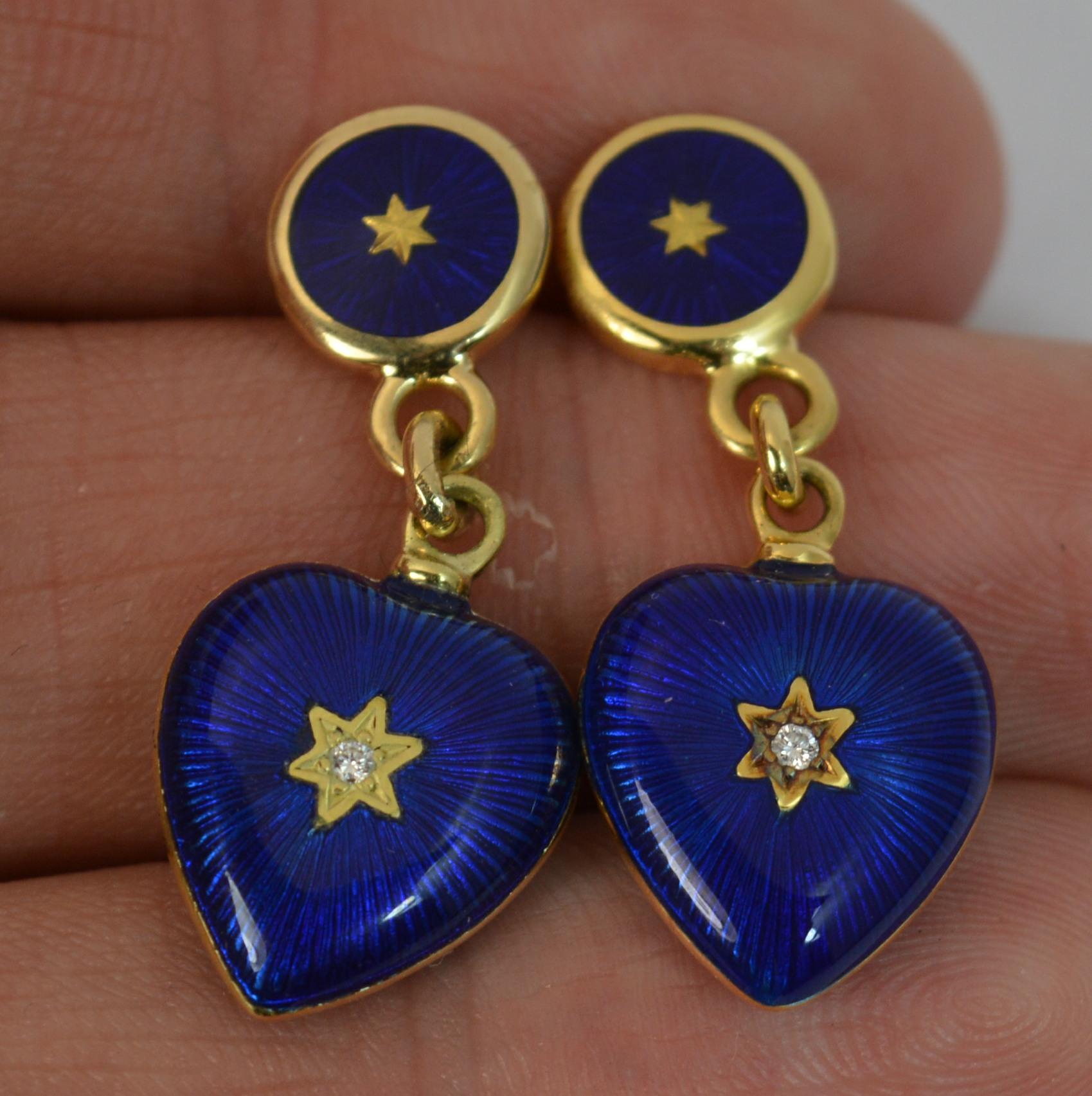 Women's Modern Faberge 18 Carat Gold Blue Enamel and Diamond Heart Dangle Earrings 