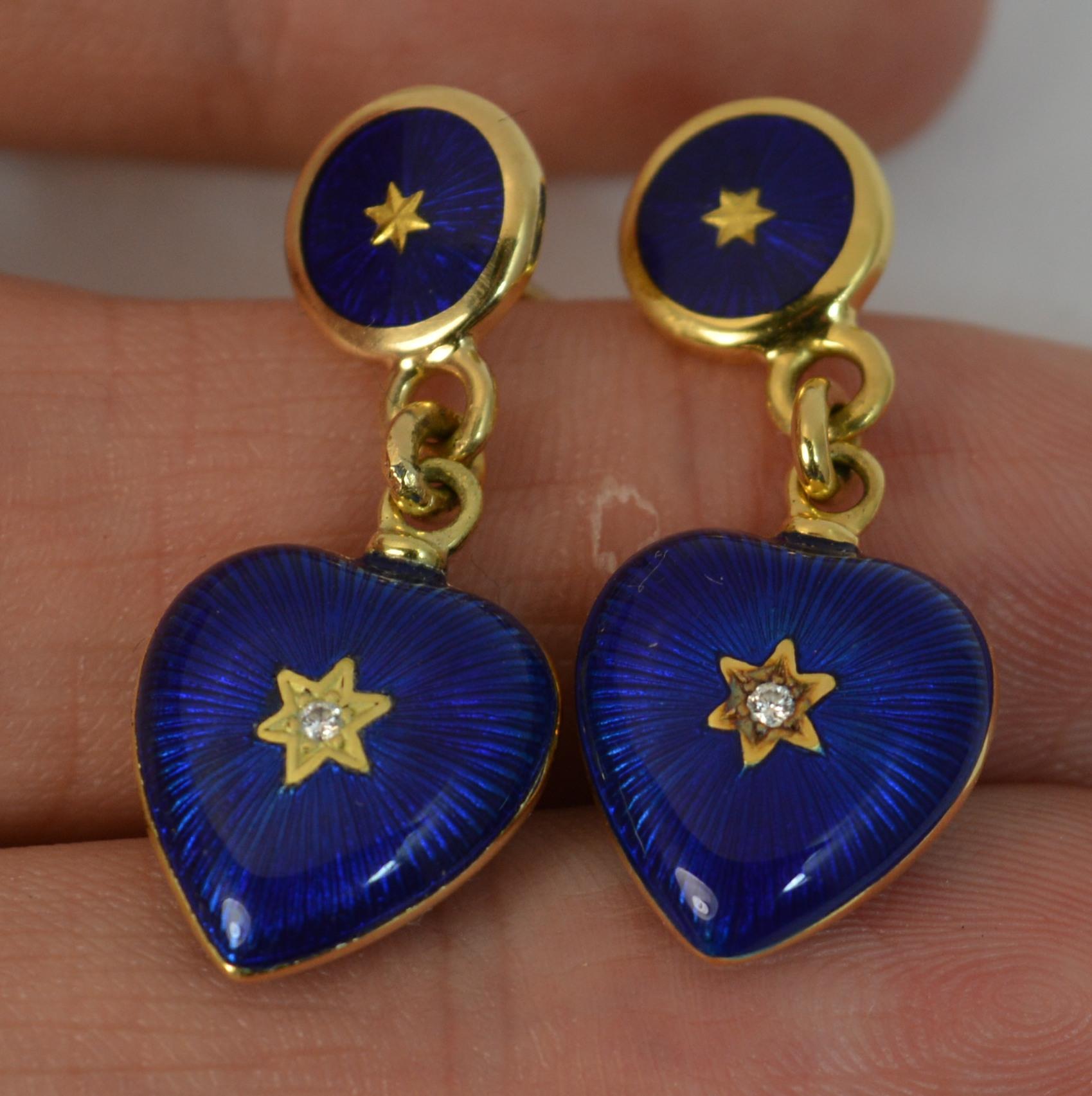 Modern Faberge 18 Carat Gold Blue Enamel and Diamond Heart Dangle Earrings  1