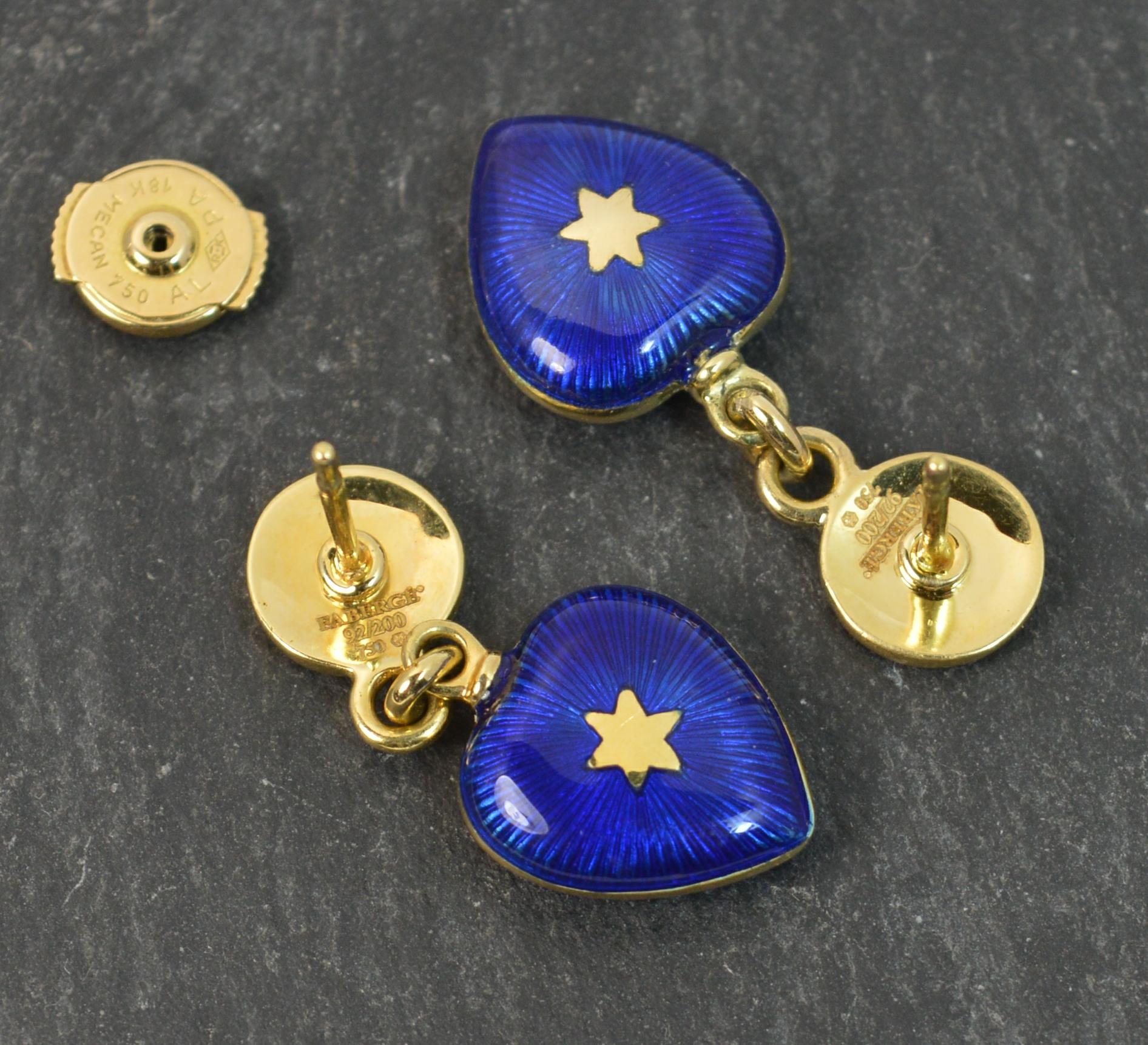 Modern Faberge 18 Carat Gold Blue Enamel and Diamond Heart Dangle Earrings  2