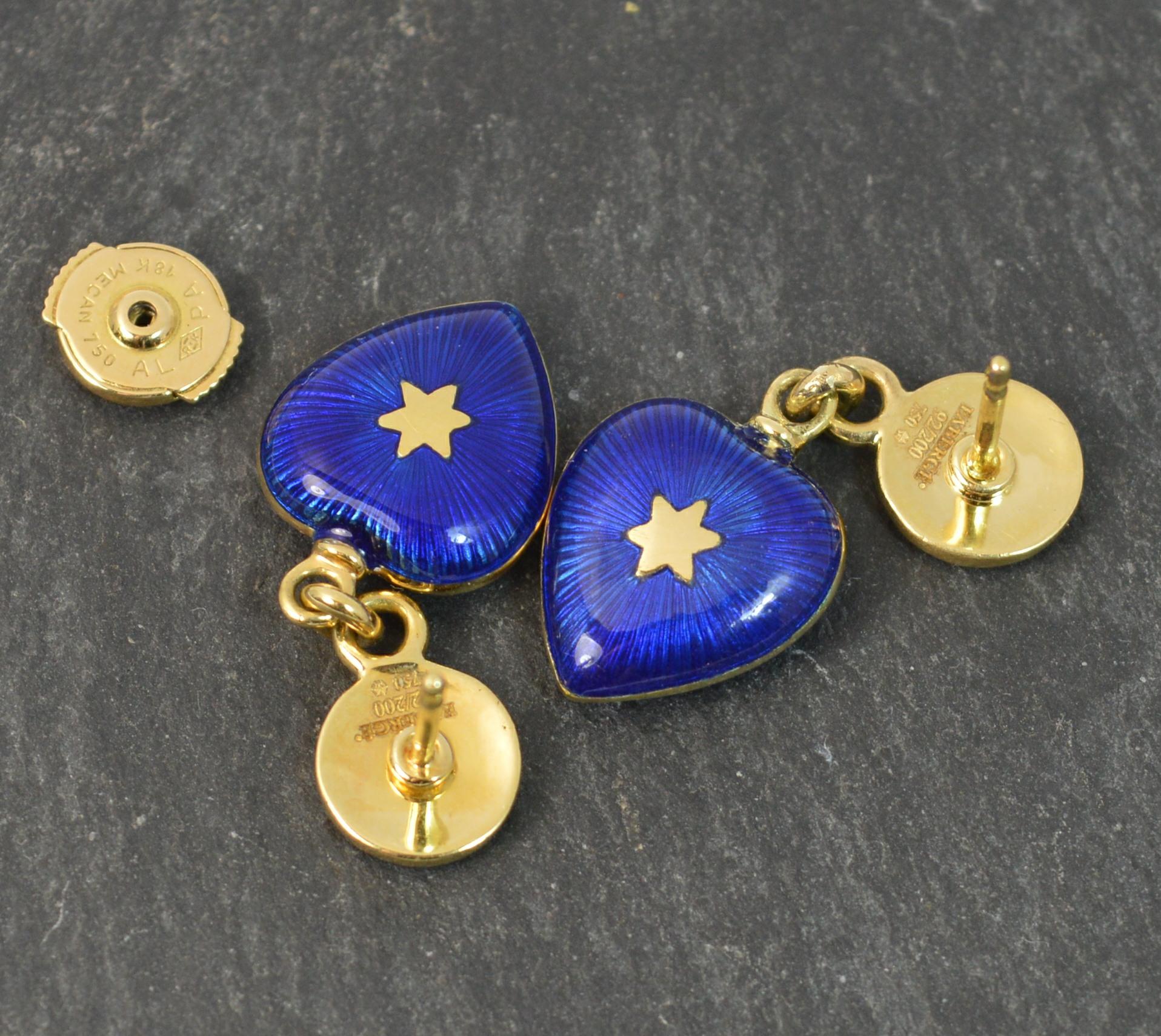 Modern Faberge 18 Carat Gold Blue Enamel and Diamond Heart Dangle Earrings  3