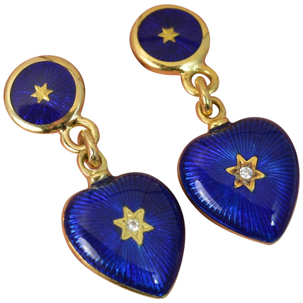 Modern Faberge 18 Carat Gold Blue Enamel and Diamond Heart Dangle Earrings 