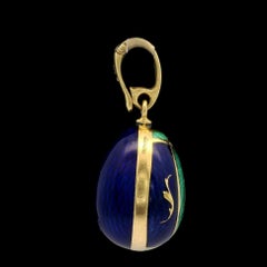 Fabergé 18k Gold Diamond Guilloché Blue & Green Enamel Egg Enhancer Pendant
