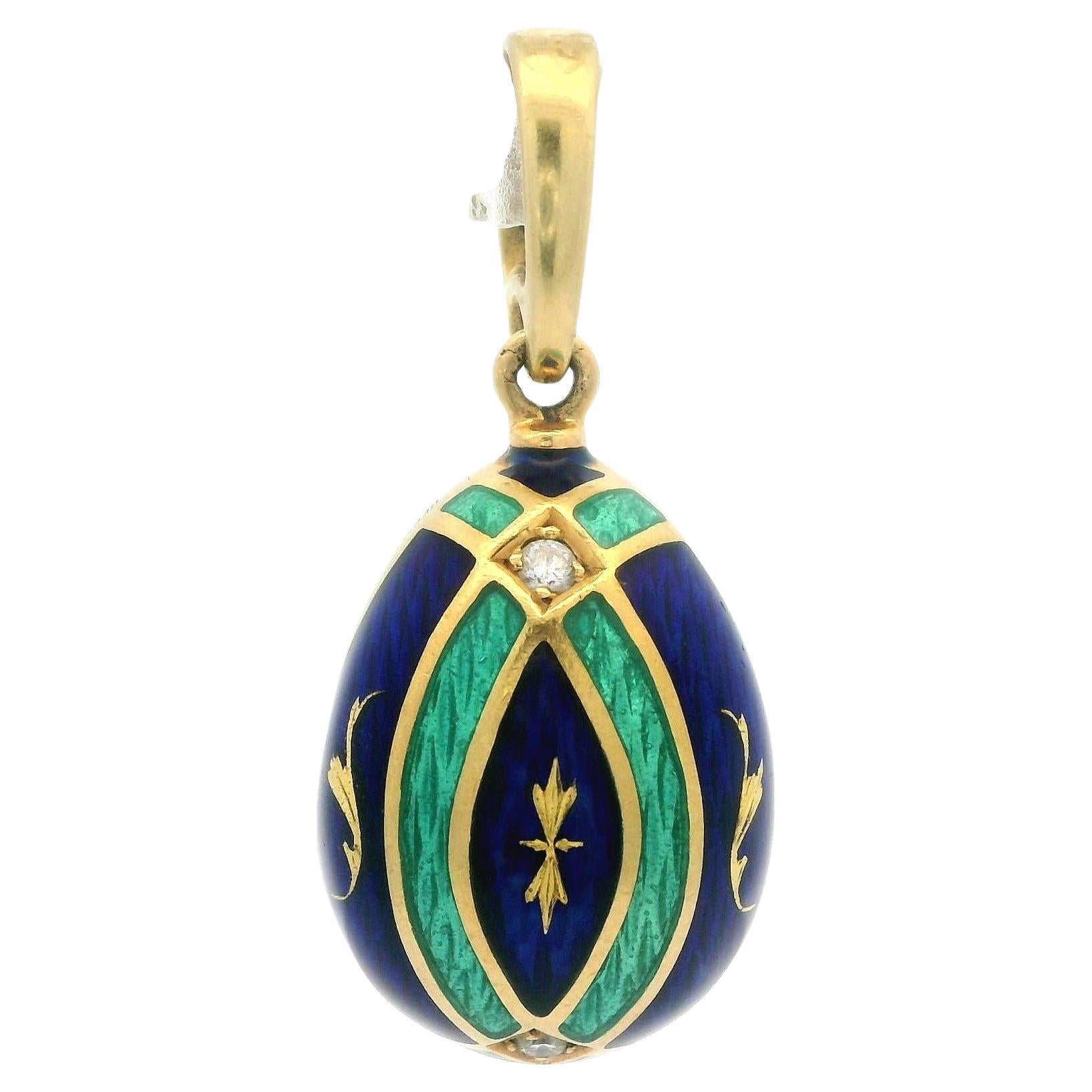 Fabergé 18k Gold Diamond Guilloché Blue & Green Enamel Egg Enhancer Pendant