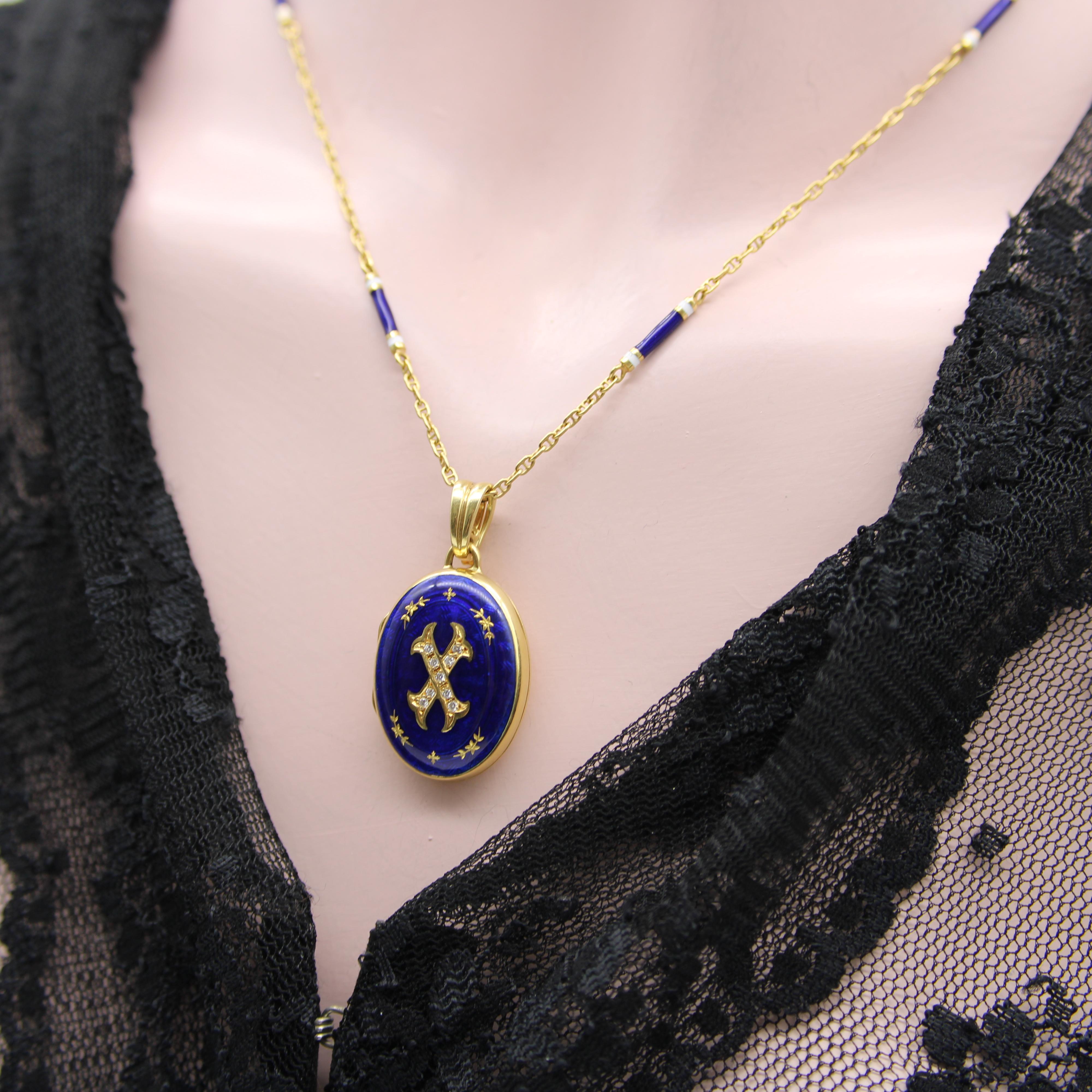 Médaillon en or 18K émaillé guilloché de diamants de Fabergé par Victor Mayer en vente 2