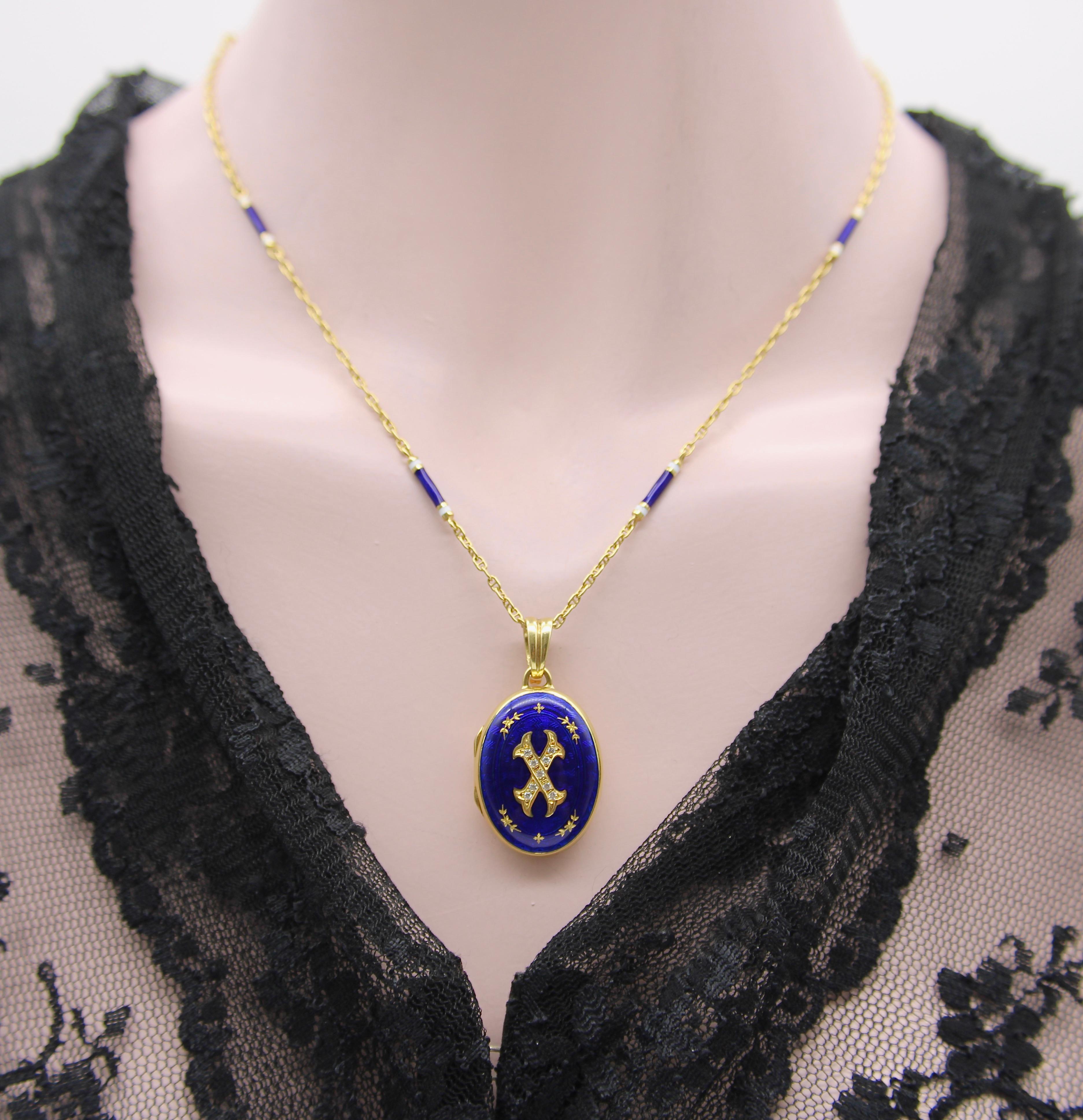 Médaillon en or 18K émaillé guilloché de diamants de Fabergé par Victor Mayer en vente 3