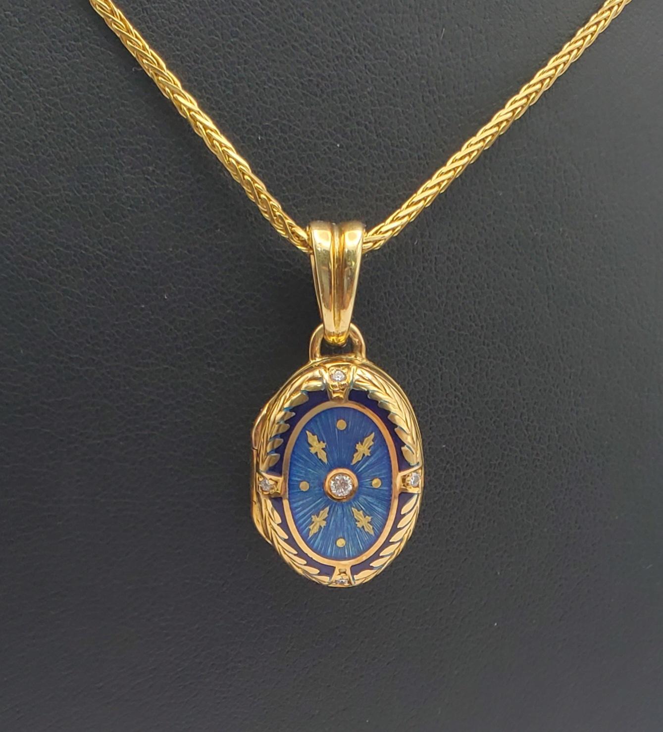 Modern Fabergé 18K Gold Diamond Guilloche Enamel Locket with Box/Certificate For Sale