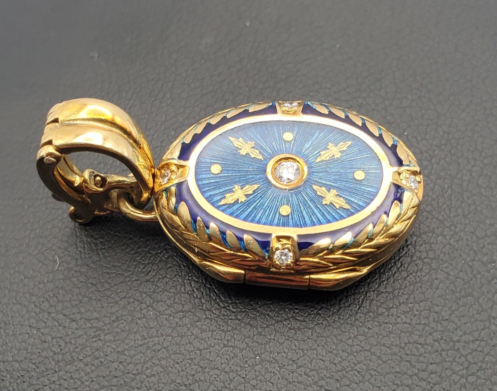 Fabergé 18K Gold Diamond Guilloche Enamel Locket with Box/Certificate In Good Condition For Sale In Pittsburgh, PA