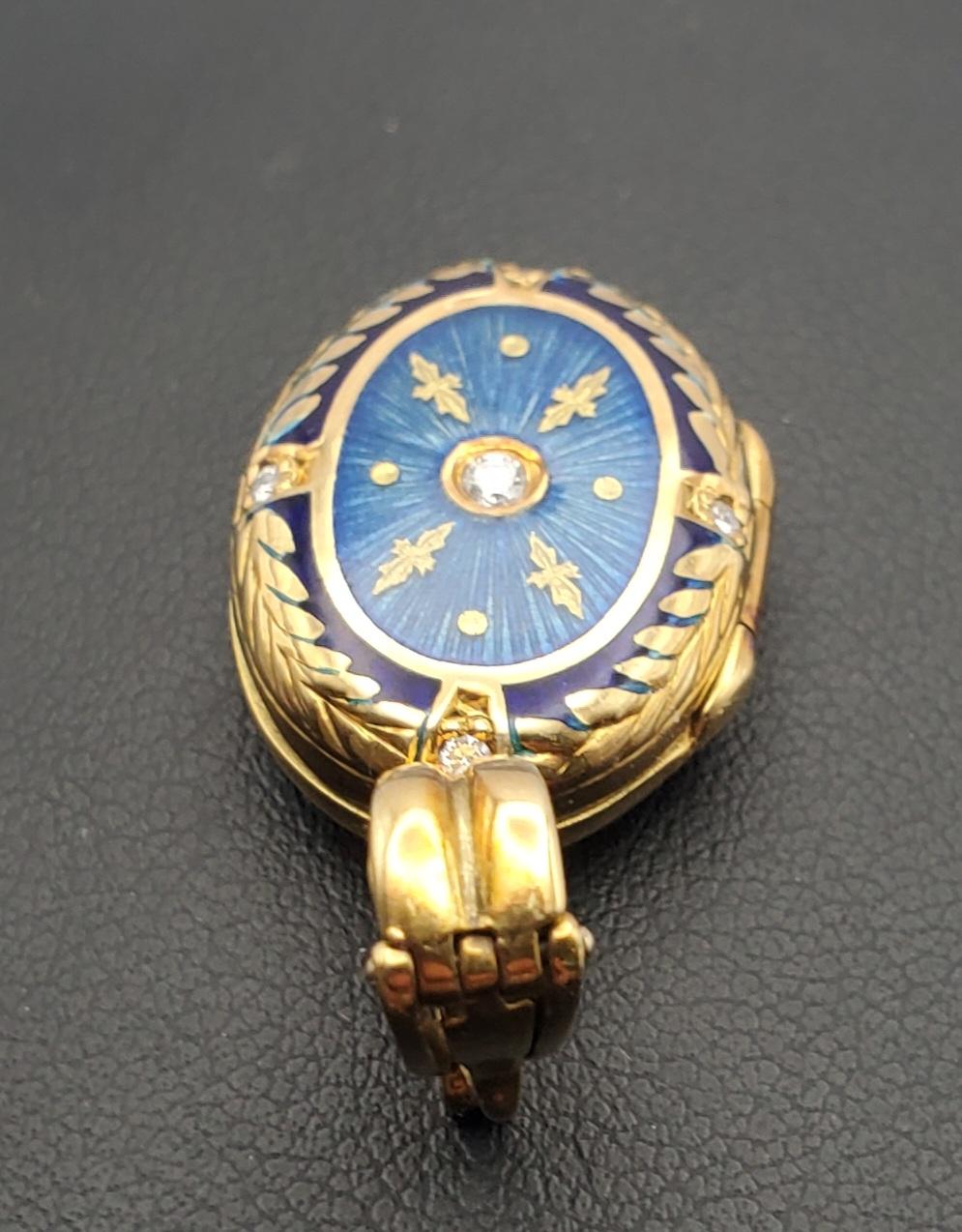 Women's or Men's Fabergé 18K Gold Diamond Guilloche Enamel Locket with Box/Certificate For Sale