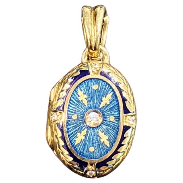 Fabergé 18K Gold Diamond Guilloche Enamel Locket with Box/Certificate For Sale