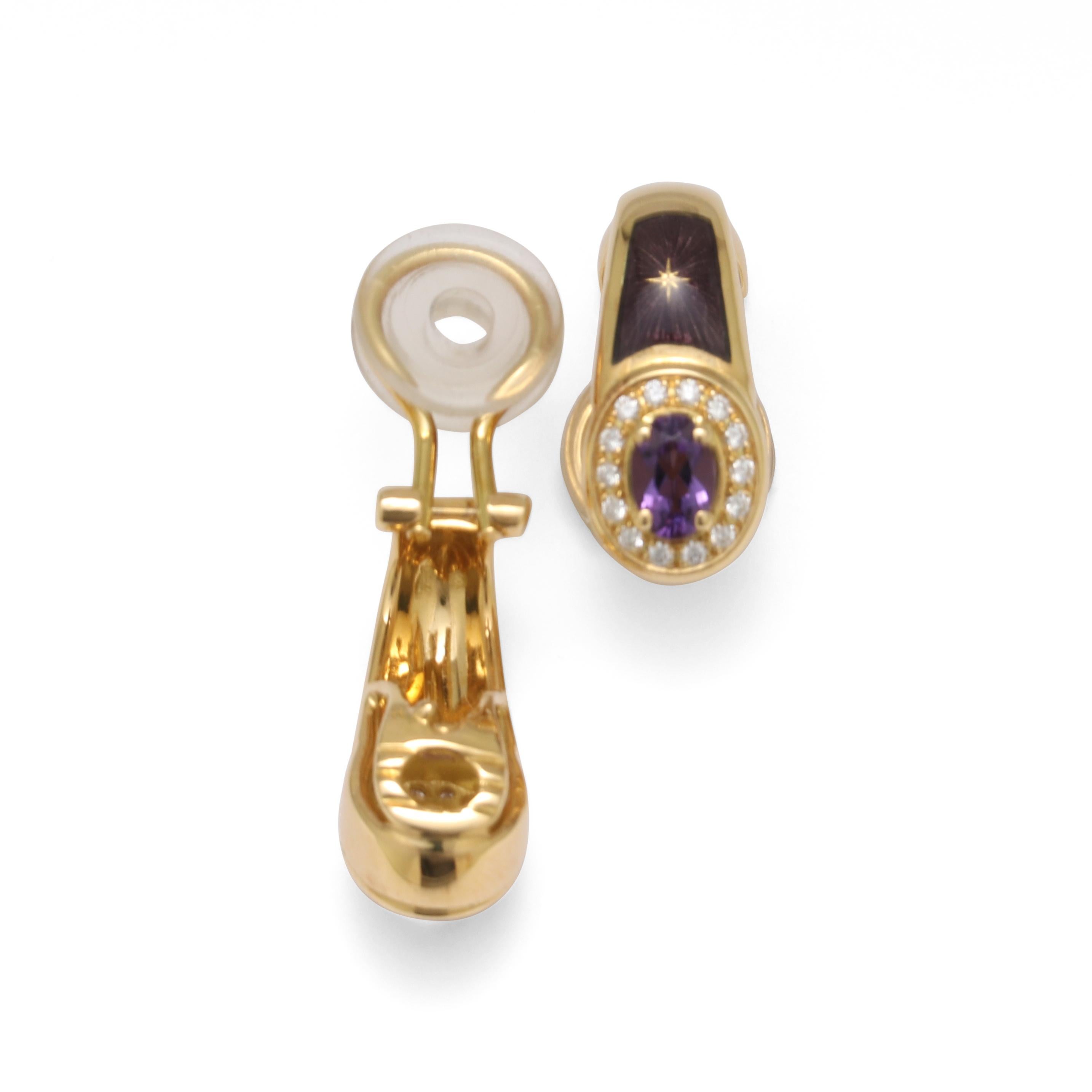 Fabergé Amethyst Purple Enamel Earrings 18k Yellow Gold 28 Diamonds 0.28 ct For Sale 1
