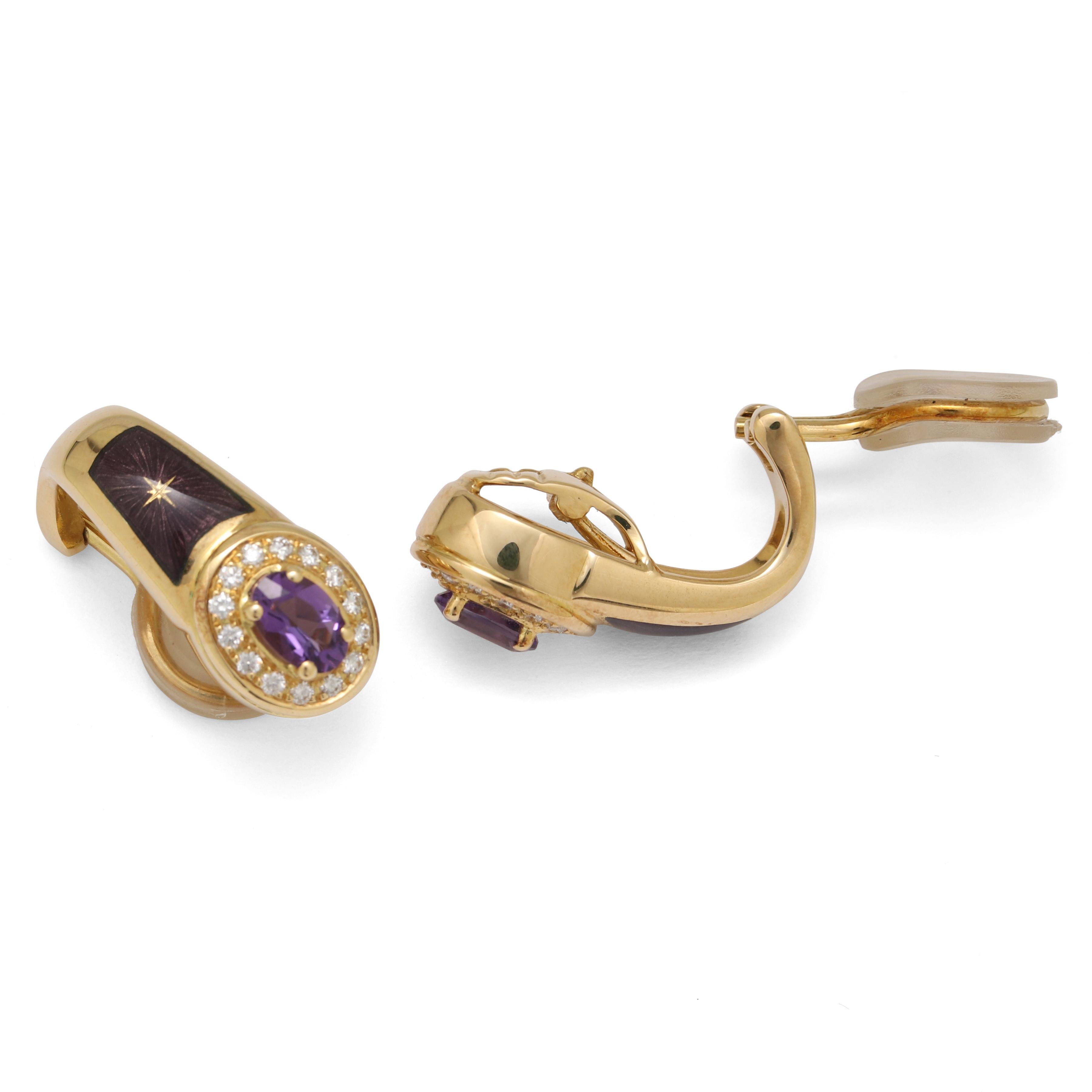 Fabergé Amethyst Purple Enamel Earrings 18k Yellow Gold 28 Diamonds 0.28 ct For Sale 2