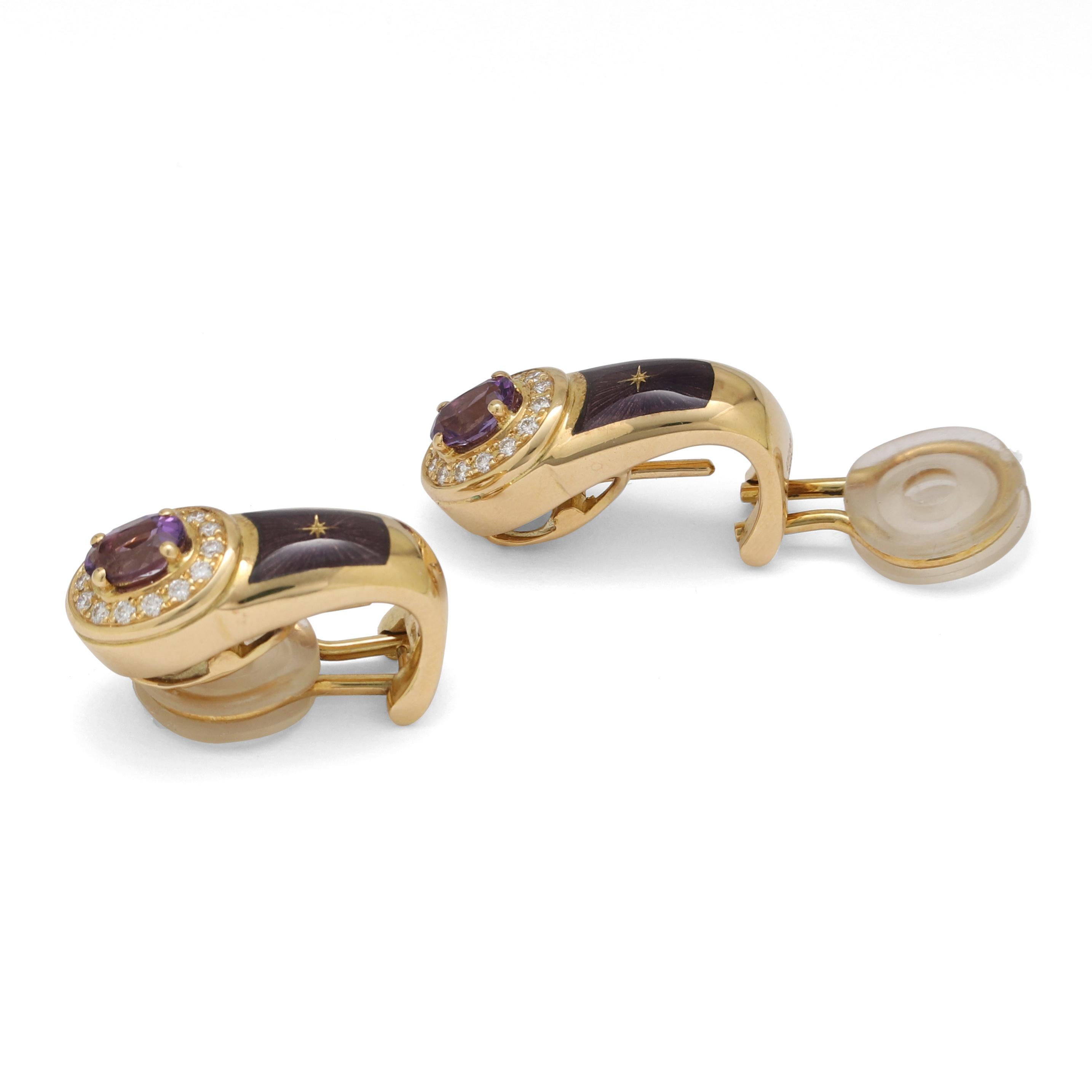 Fabergé Amethyst Purple Enamel Earrings 18k Yellow Gold 28 Diamonds 0.28 ct For Sale 3