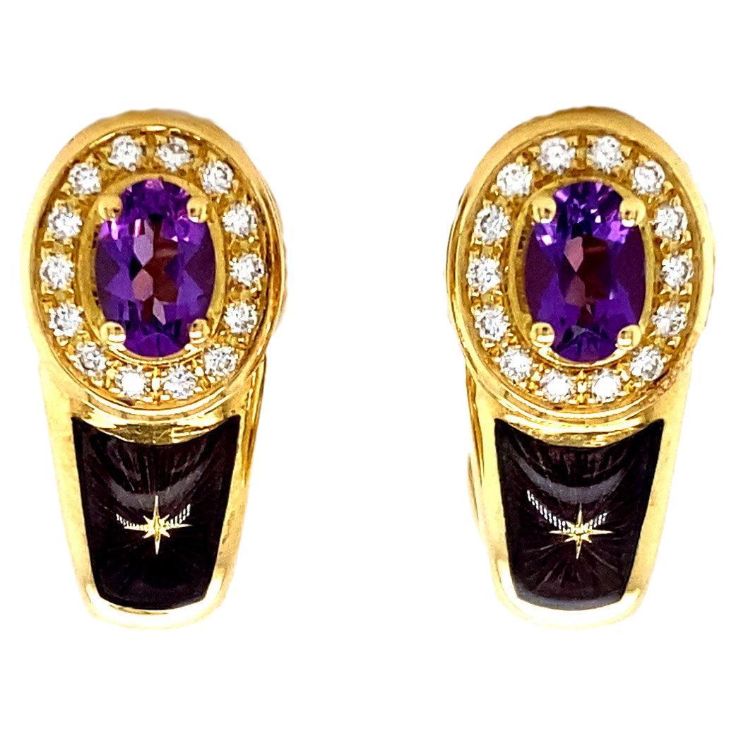 Fabergé 18k Yellow Gold Purple Enamel Earrings Amethyst 28 Diamonds 0,28 Ct G/IF