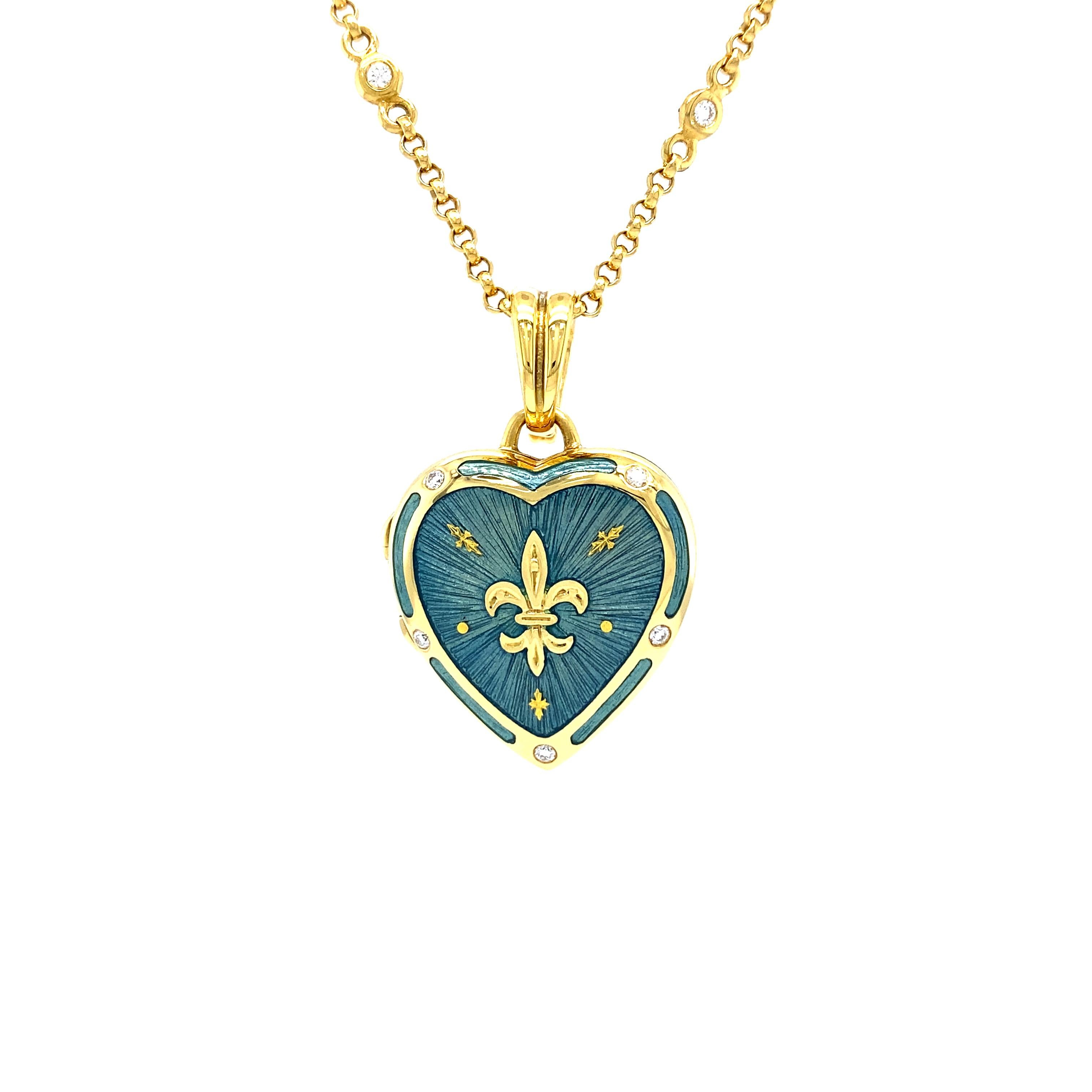 Fabergé 18k Gelbgold Herz Medaillon Hellblau Emaille 4 Diamanten 0,075 Ct G/IF im Zustand „Hervorragend“ in Pforzheim, DE