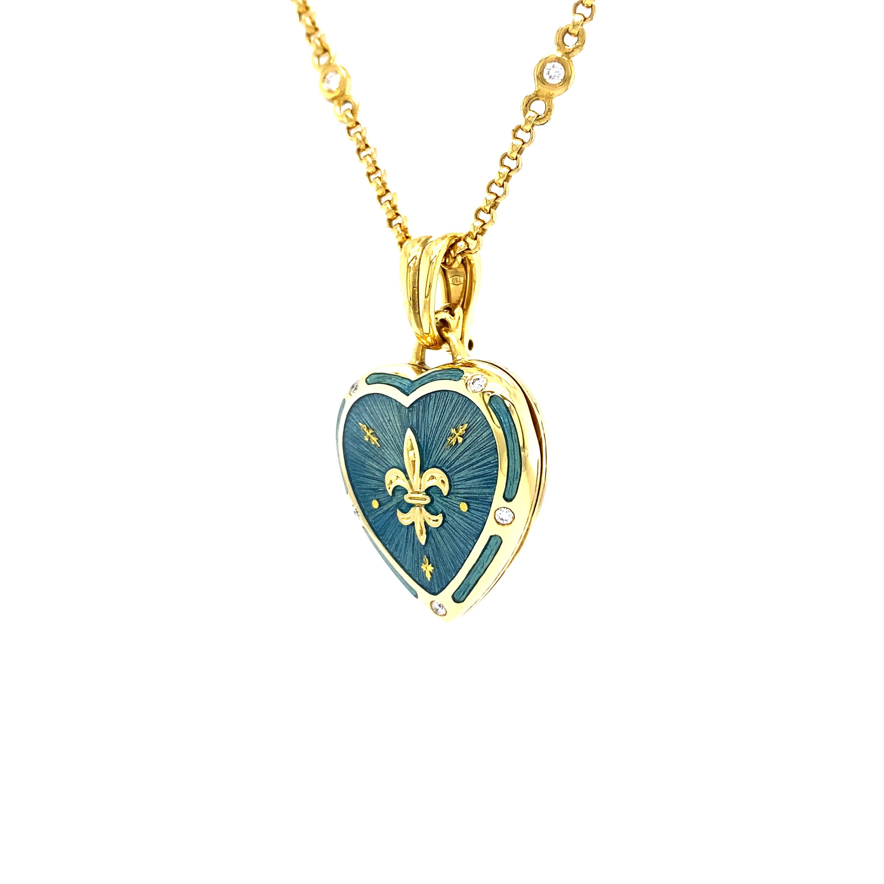 Women's Fabergé 18k Yellow Gold Heart Locket Light Blue Enamel 4 Diamonds 0, 075 Ct G/IF