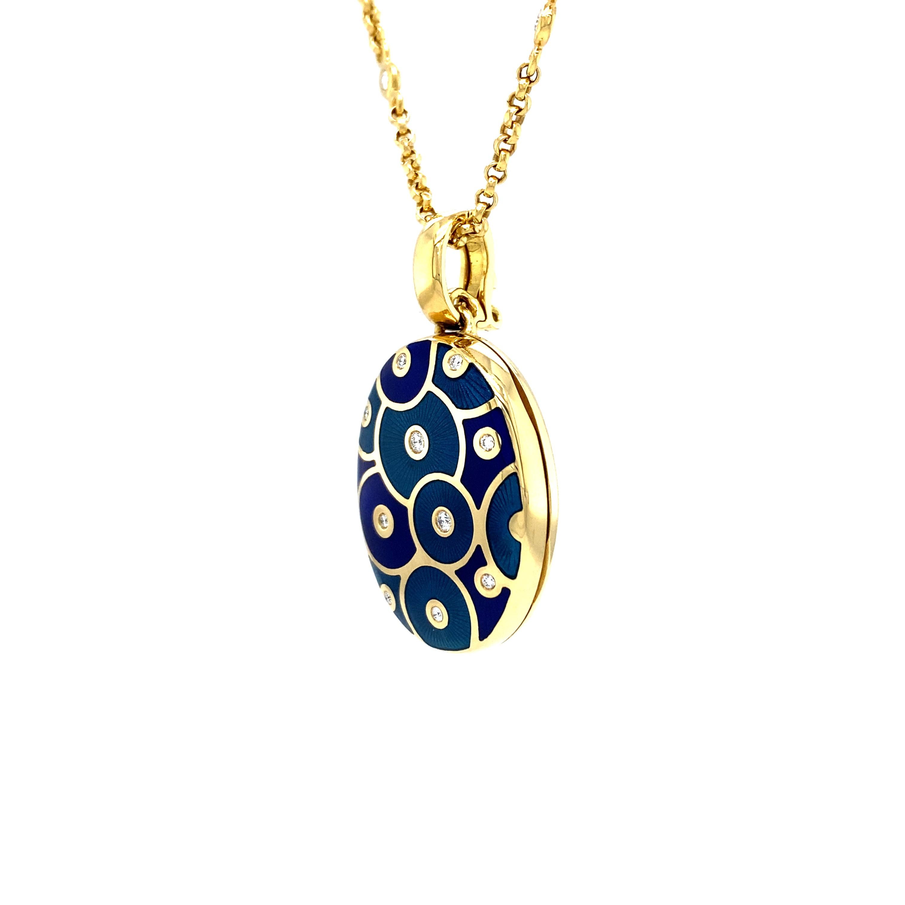 Brilliant Cut Fabergé 18k Yellow Gold Oval Blue Enamel Locket Pendant 10 Diamonds total 0, 12c For Sale