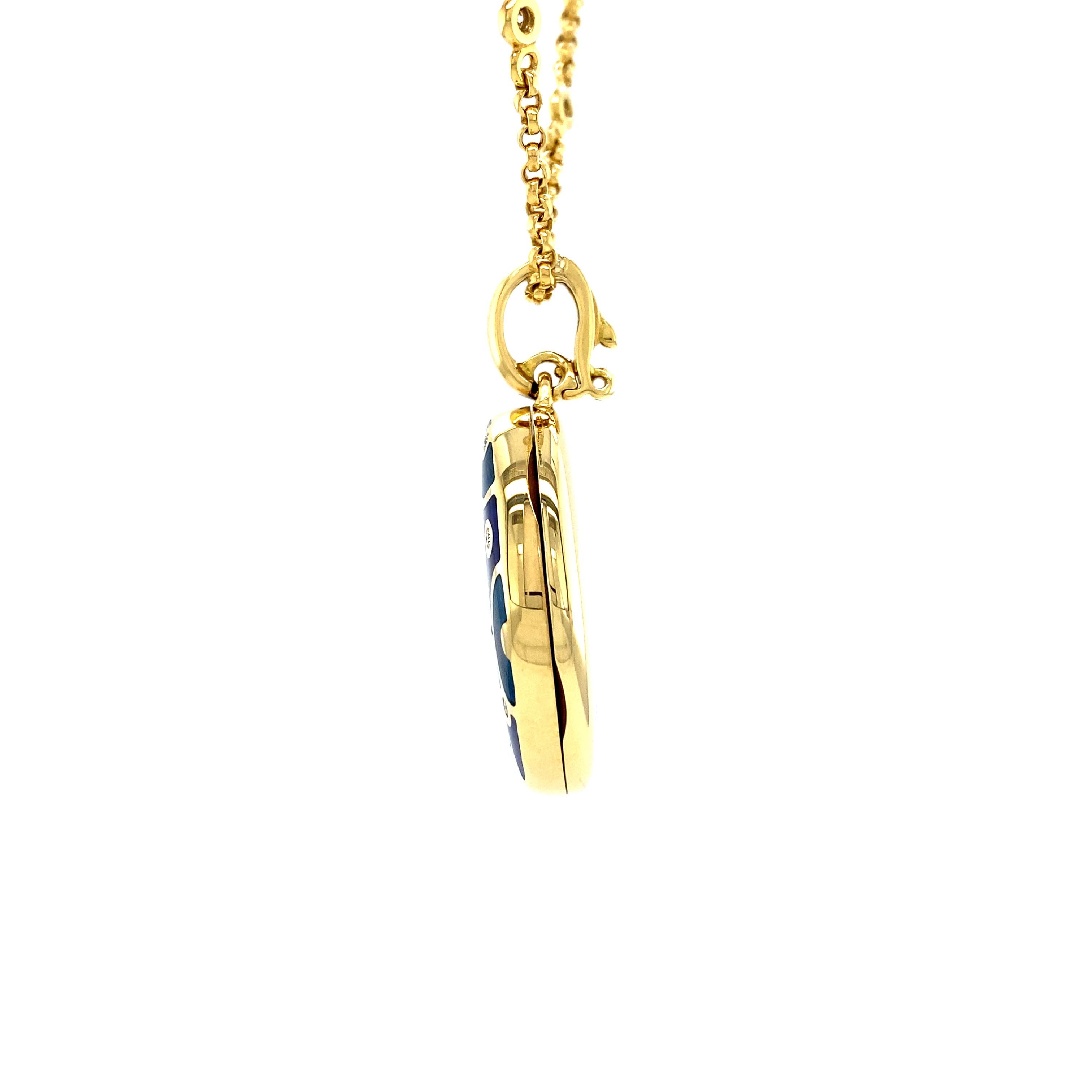 Fabergé or jaune 18k pendentif médaillon ovale en émail bleu 10 diamants total 0, 12c Pour femmes en vente